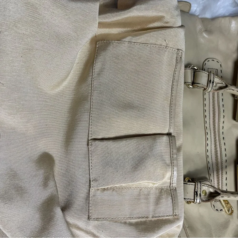 Badgley Mischka leather Beige extra large Satchel gold tone& brown stitch accent